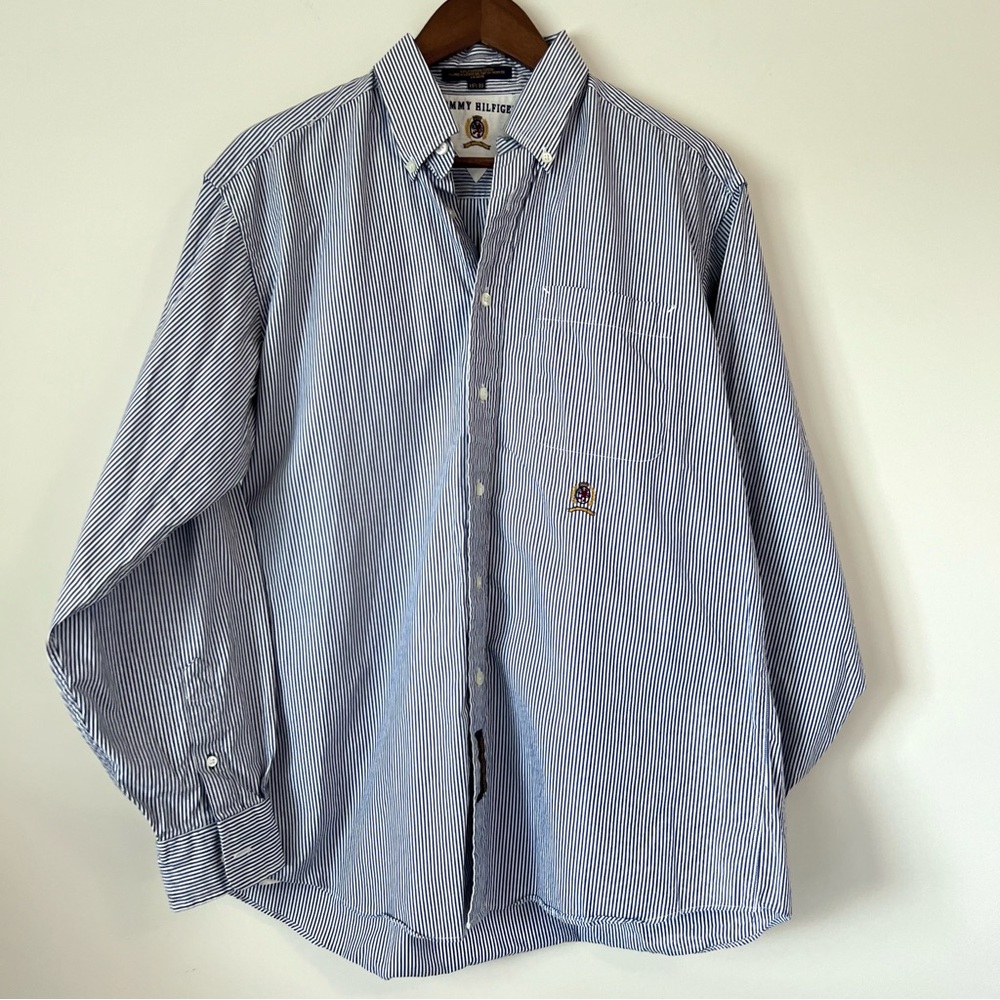 Vintage 1996 Tommy Hilfiger Mens M Blue & White stripe Button Up Long Sleeve 27